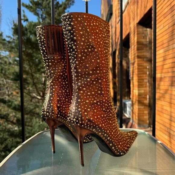 New Jeffrey Campbell Iconic Heeled Studded Boots Shoes Gold Bronze Womens 10
